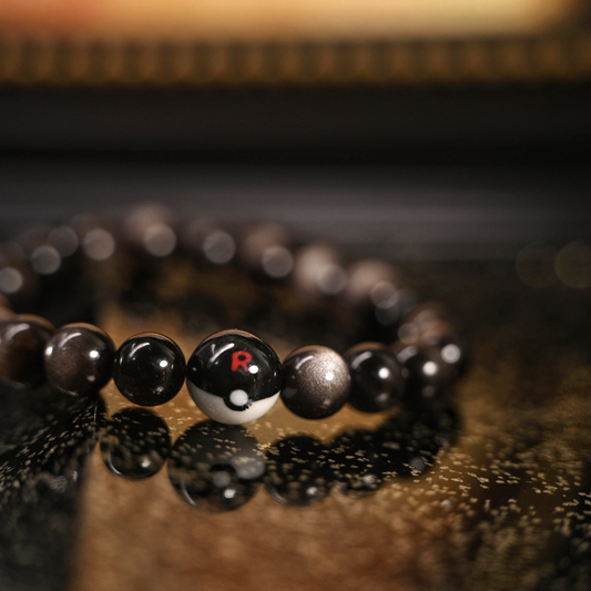 Silver Sheen Obsidian Team Rocket Poké Ball Bracelet - Dark Luxury Healing Jewelry