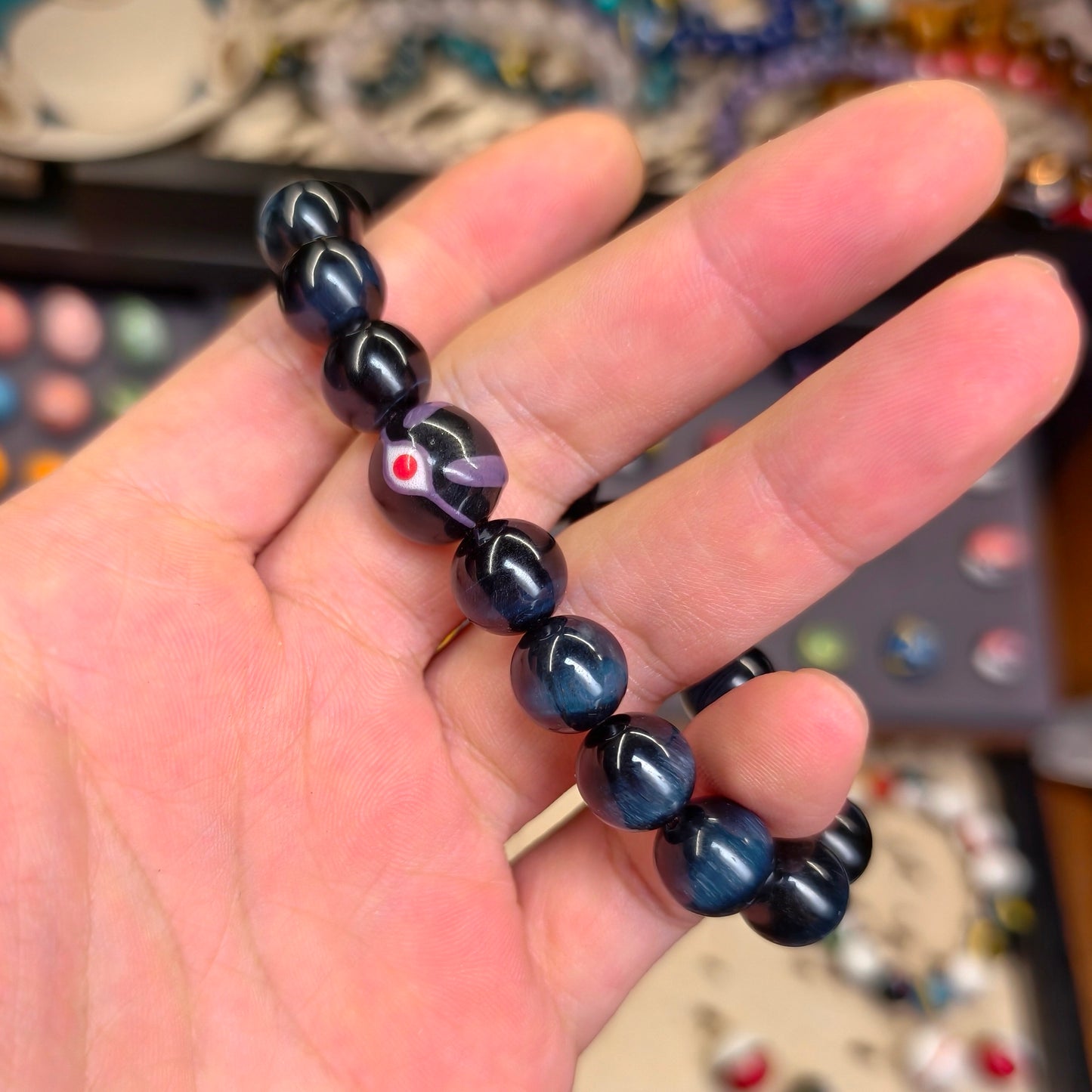 Mewtwo Ball × Blue Tiger’s Eye Handmade Ceramic Bracelet