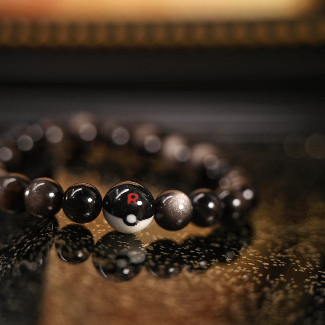 Silver Sheen Obsidian Team Rocket Poké Ball Bracelet - Dark Luxury Healing Jewelry