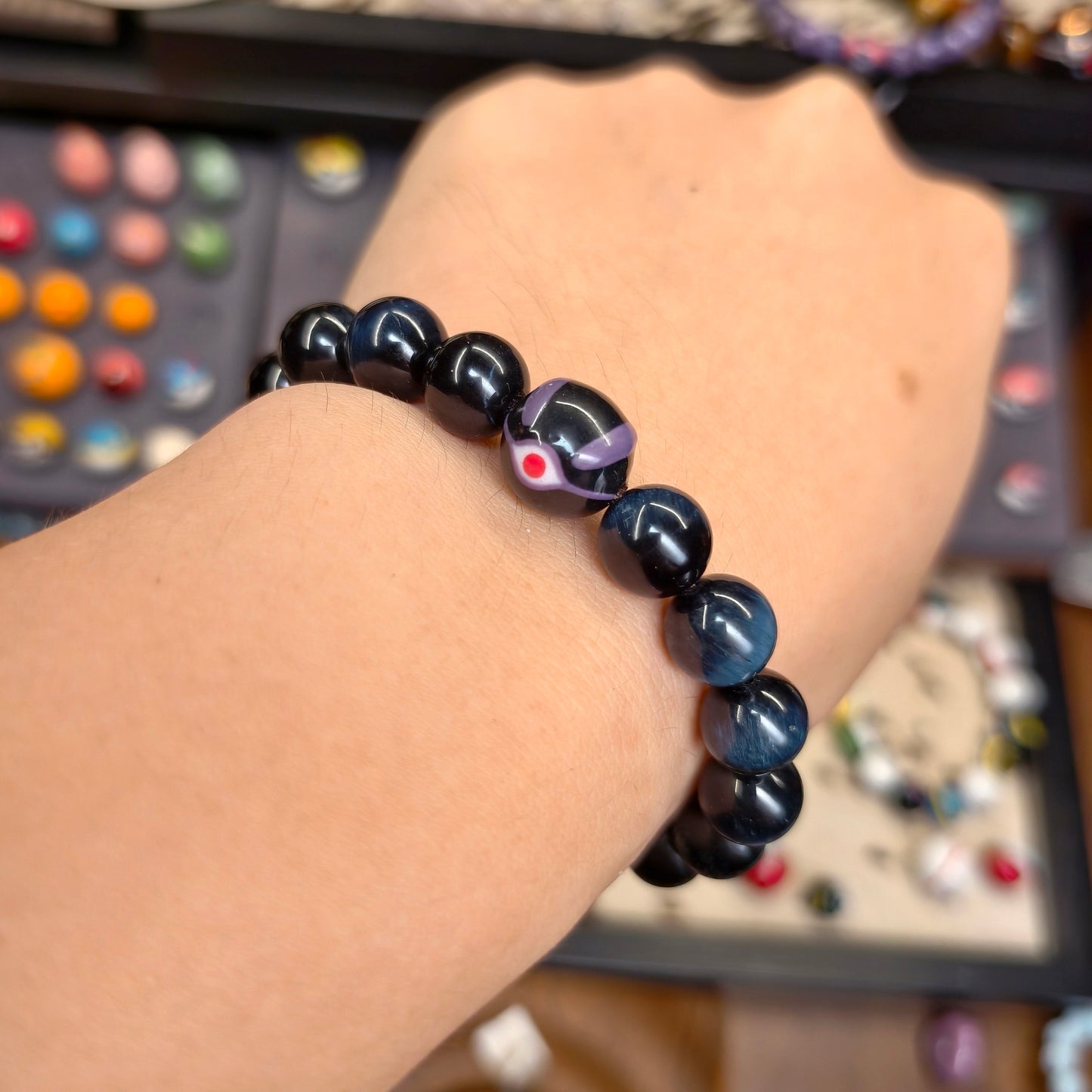 Mewtwo Ball × Blue Tiger’s Eye Handmade Ceramic Bracelet
